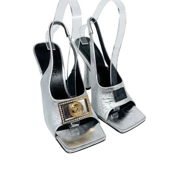 Versace Women's Metallic Medusa Buckle Slingback Sandals Silver Size 37