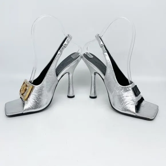 Versace Women's Metallic Medusa Buckle Slingback Sandals Silver Size 37