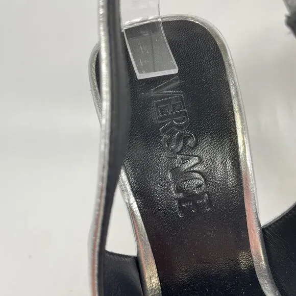 Versace Women's Metallic Medusa Buckle Slingback Sandals Silver Size 37