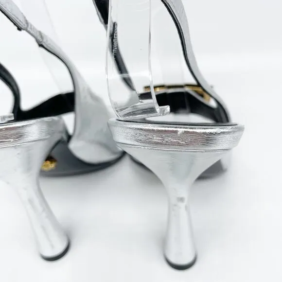 Versace Women's Metallic Medusa Buckle Slingback Sandals Silver Size 37