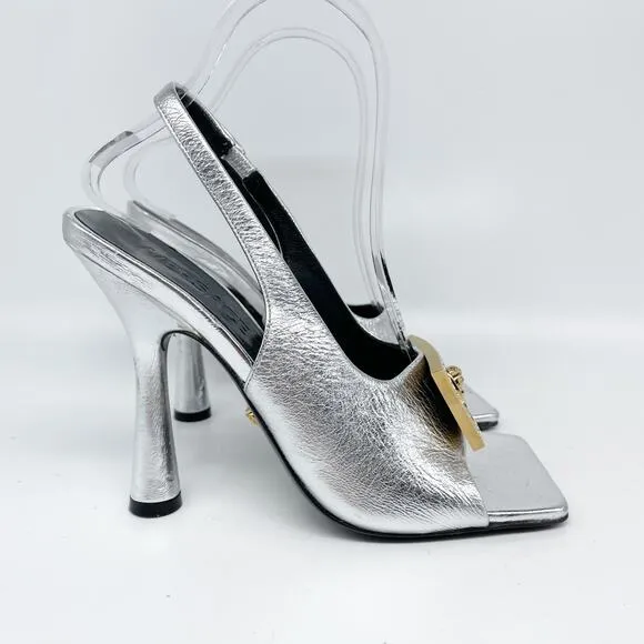 Versace Women's Metallic Medusa Buckle Slingback Sandals Silver Size 37