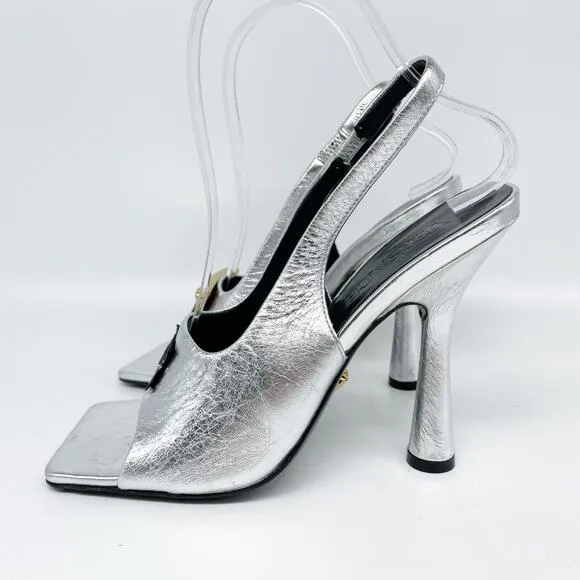 Versace Women's Metallic Medusa Buckle Slingback Sandals Silver Size 37