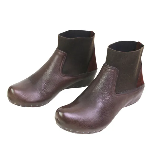 Vialis BROWN GENUINE LEATHER ELASTIC POINTED TOE WEDGE STUDS ANKLE BOOTS Sz 8