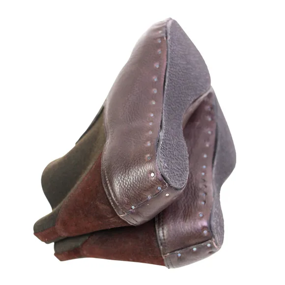 Vialis BROWN GENUINE LEATHER ELASTIC POINTED TOE WEDGE STUDS ANKLE BOOTS Sz 8