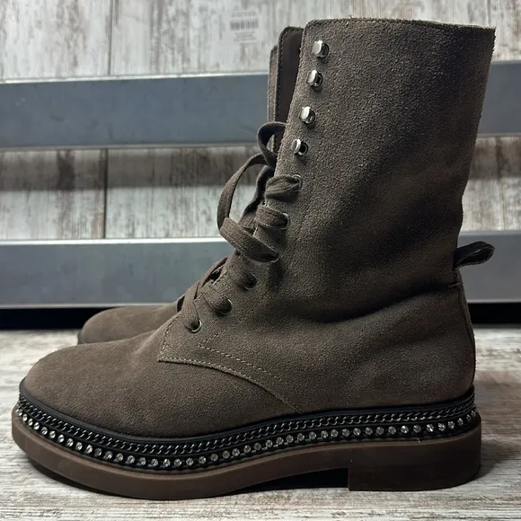 Vince Camuto Branda Sable Zipper Closure Rounded Toe Chain Detailed Combat Boot