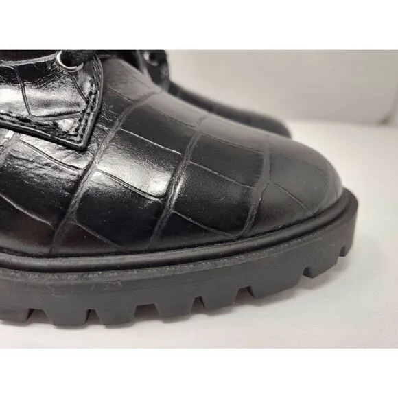 VINCE CAMUTO WOMENS FAWDRY DOUBLE BUCKLE C BLACK GLAZED CROC MOTO BOOTS NIB 5 1/