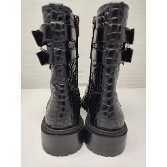 VINCE CAMUTO WOMENS FAWDRY DOUBLE BUCKLE C BLACK GLAZED CROC MOTO BOOTS NIB 5 1/