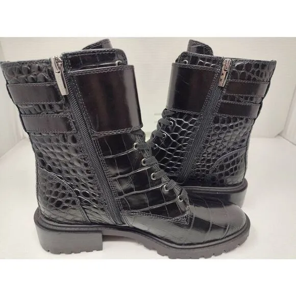 VINCE CAMUTO WOMENS FAWDRY DOUBLE BUCKLE C BLACK GLAZED CROC MOTO BOOTS NIB 5 1/