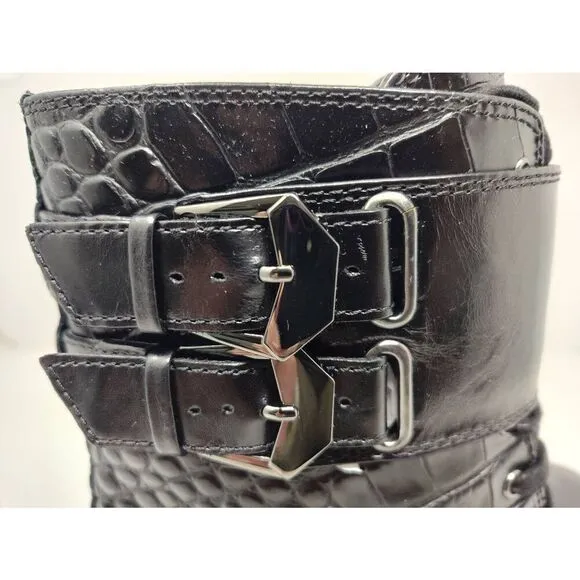 VINCE CAMUTO WOMENS FAWDRY DOUBLE BUCKLE C BLACK GLAZED CROC MOTO BOOTS NIB 5 1/