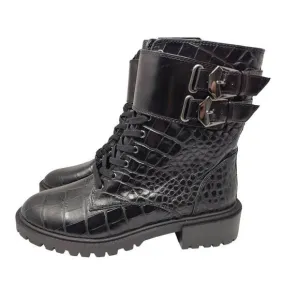 VINCE CAMUTO WOMENS FAWDRY DOUBLE BUCKLE C BLACK GLAZED CROC MOTO BOOTS NIB 5 1/