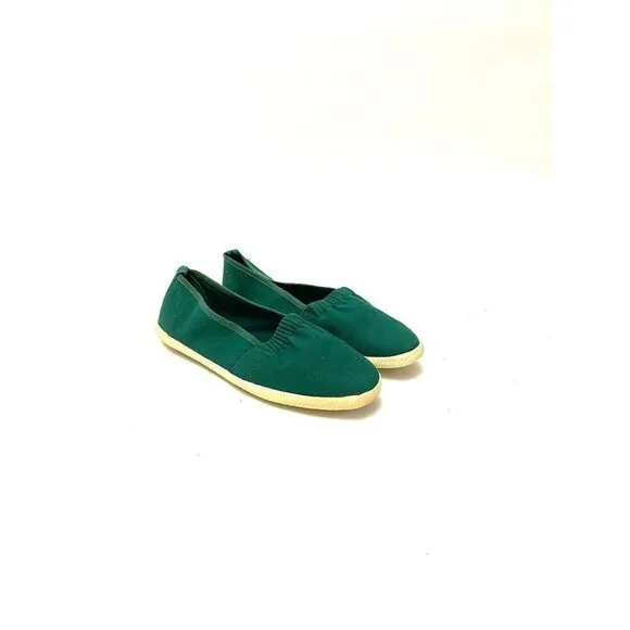 Vintage 1960s Deadstock Sneakers // Green Canvas Slip On No Tie Shoes Size 6