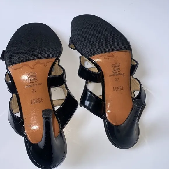 Vintage 1990s Todd Oldham Springolator leather heels, black patent leather