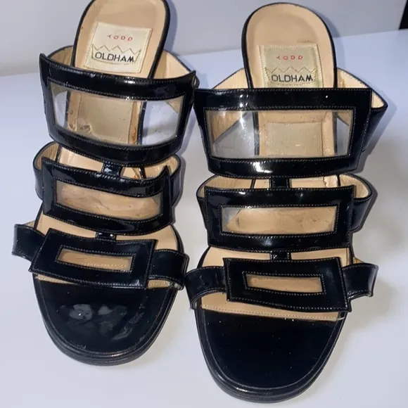 Vintage 1990s Todd Oldham Springolator leather heels, black patent leather