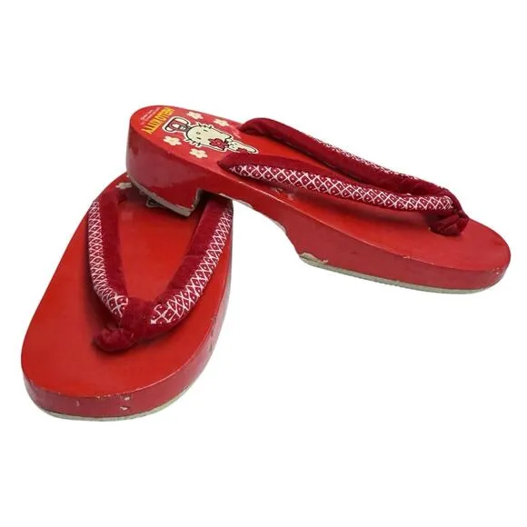 Vintage 1997 Hello Kitty Wooden Geta Sandals Japan Sanrio Red Flip Flops Kids