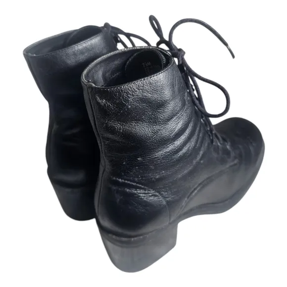 Vintage 90s Black Leather Lace Up Platform Block Heel Boots by Kf Ltd  7.5