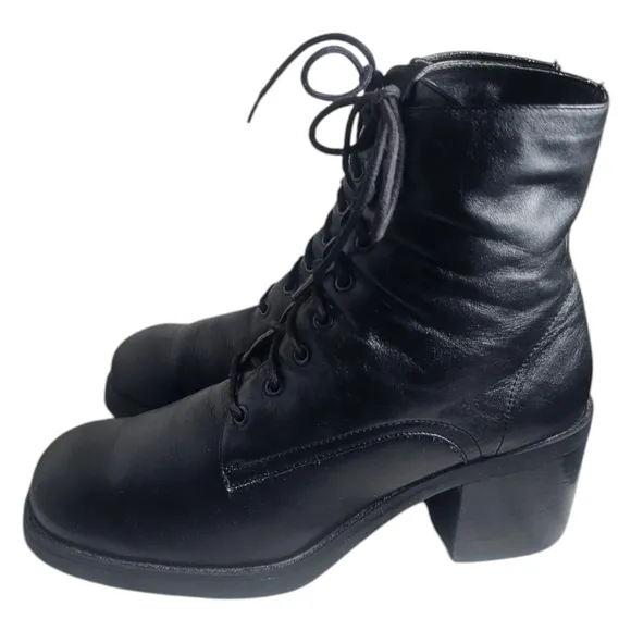 Vintage 90s Black Leather Lace Up Platform Block Heel Boots by Kf Ltd  7.5