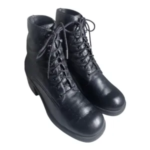 Vintage 90s Black Leather Lace Up Platform Block Heel Boots by Kf Ltd  7.5