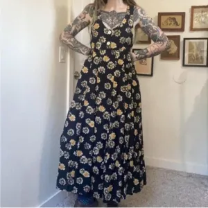 Vintage 90s Y2K Express Black Sunflower Dress Cottagecore Grunge Fairycore Sz S