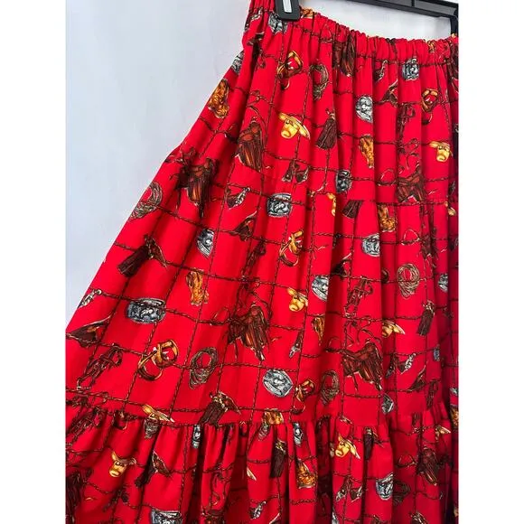 Vintage Jackelen Midi Skirt Western Cowgirl Rodeo Square Dance Red Novelty Print