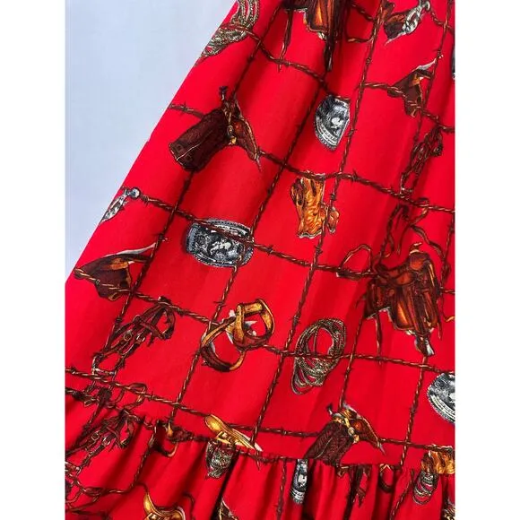 Vintage Jackelen Midi Skirt Western Cowgirl Rodeo Square Dance Red Novelty Print