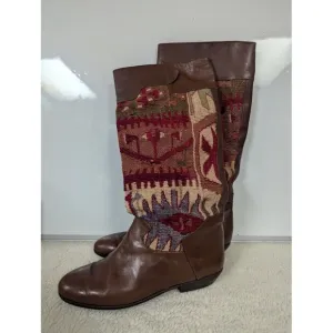 Vintage Kilim Leather Boots Handmade Moroccan Tapestry Size 8/8.5 EU 38/39 Turk