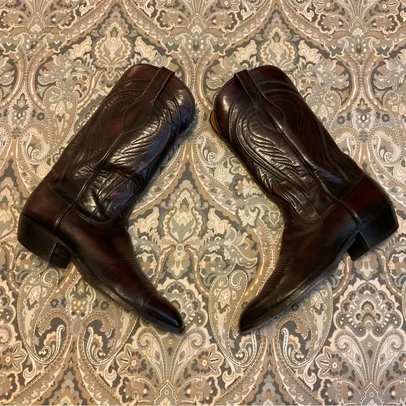 Vintage Lucchese Classic Seville  Square Toe Black Cherry Cowboy Boots Sz 12.5AA