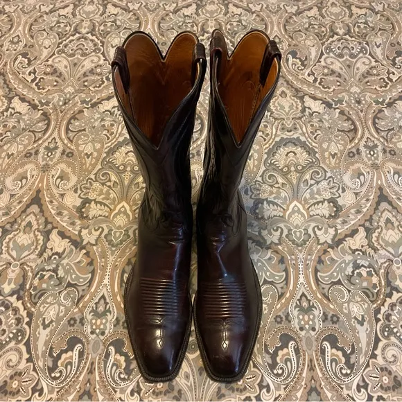 Vintage Lucchese Classic Seville  Square Toe Black Cherry Cowboy Boots Sz 12.5AA