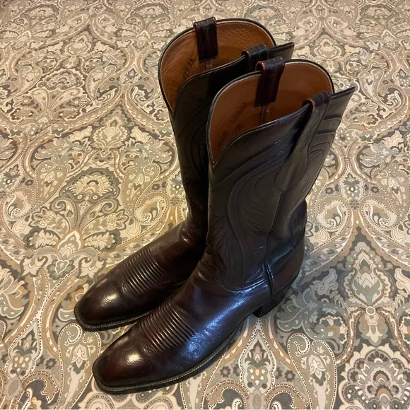 Vintage Lucchese Classic Seville  Square Toe Black Cherry Cowboy Boots Sz 12.5AA
