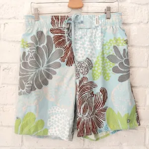 Vintage OP Swim Trunks Mens Medium Light Blue Floral Lined Board Shorts Elastic,