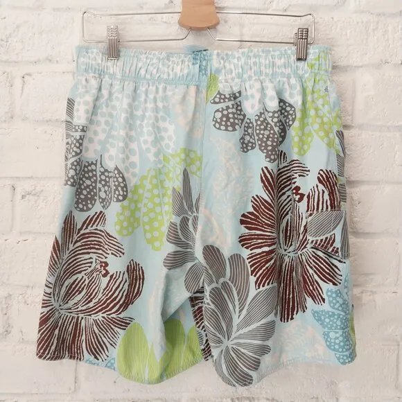 Vintage OP Swim Trunks Mens Medium Light Blue Floral Lined Board Shorts Elastic,
