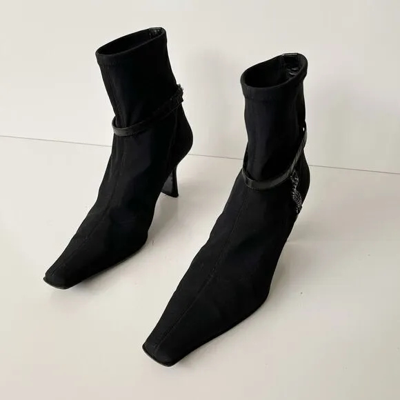 Vintage y2k black heeled chain boots squared pointed toe witchy biker punk 90s