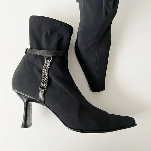 Vintage y2k black heeled chain boots squared pointed toe witchy biker punk 90s