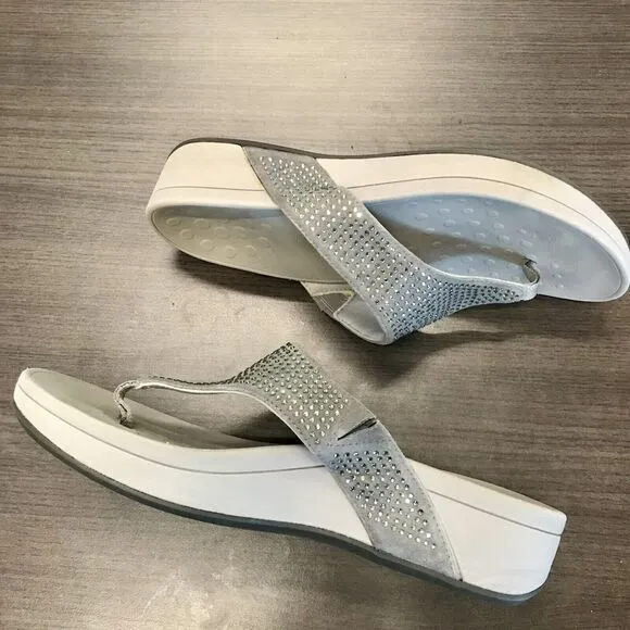 Vionic Pacific Naples Gray Rhinestone Platform Flip Flop Thong Sandals Women 11