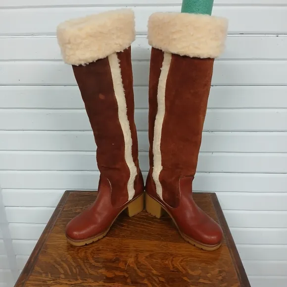 VTG 70s Knee High Leather Campus Boots Brown Sherpa Lined Sz 5.5