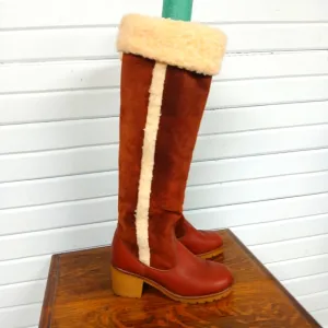 VTG 70s Knee High Leather Campus Boots Brown Sherpa Lined Sz 5.5
