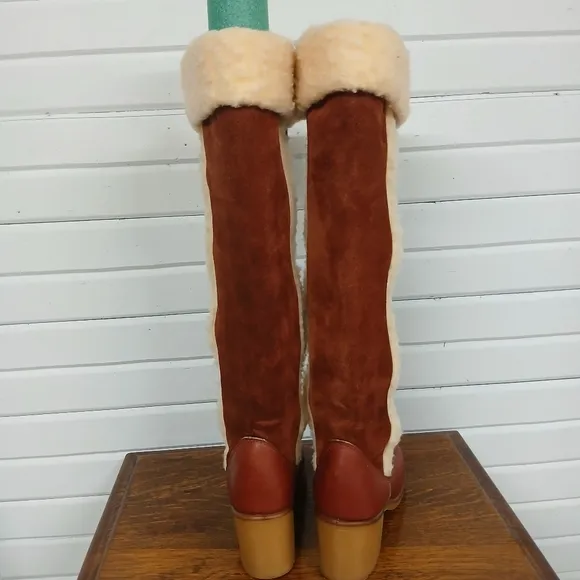 VTG 70s Knee High Leather Campus Boots Brown Sherpa Lined Sz 5.5