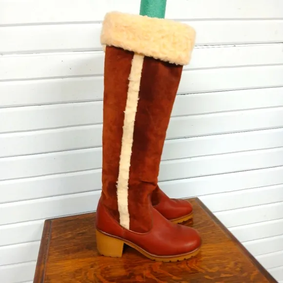 VTG 70s Knee High Leather Campus Boots Brown Sherpa Lined Sz 5.5