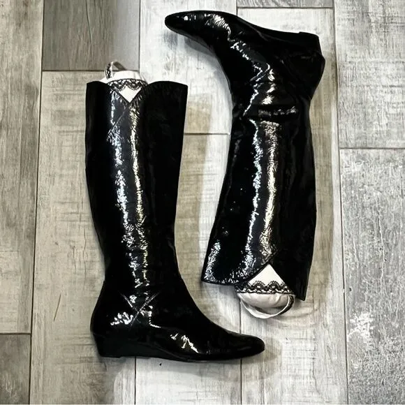 VTG Pelle Mode black Patent Leather Below Knee High Tall Tiny Wedge boots 6 6.5