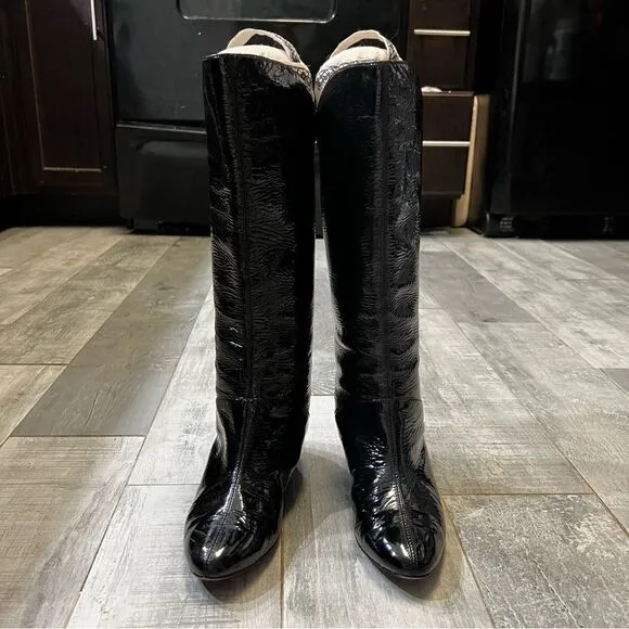 VTG Pelle Mode black Patent Leather Below Knee High Tall Tiny Wedge boots 6 6.5