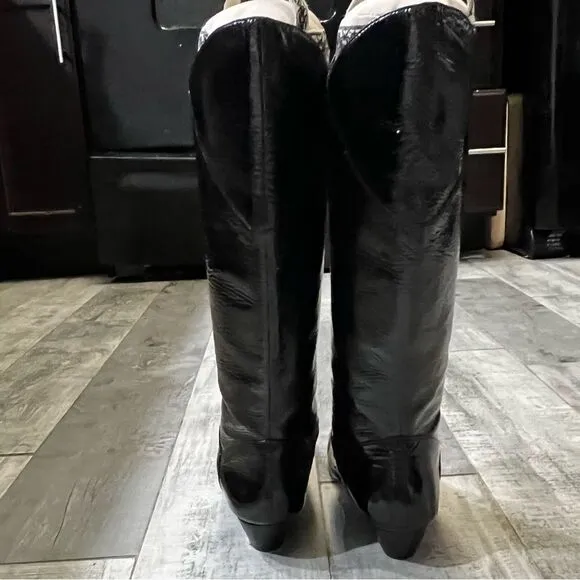 VTG Pelle Mode black Patent Leather Below Knee High Tall Tiny Wedge boots 6 6.5