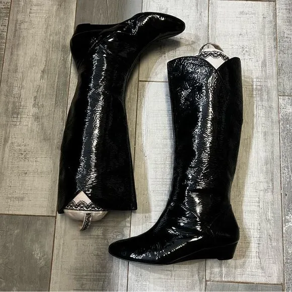 VTG Pelle Mode black Patent Leather Below Knee High Tall Tiny Wedge boots 6 6.5