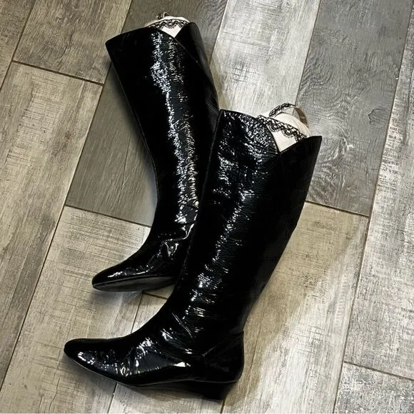VTG Pelle Mode black Patent Leather Below Knee High Tall Tiny Wedge boots 6 6.5