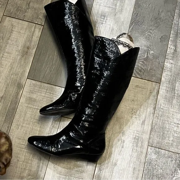VTG Pelle Mode black Patent Leather Below Knee High Tall Tiny Wedge boots 6 6.5