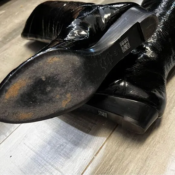VTG Pelle Mode black Patent Leather Below Knee High Tall Tiny Wedge boots 6 6.5