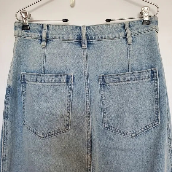 WE THE FREE DENIM SKIRT WOMENS SZ 8/10 'WILSHIRE' JEAN MIDI BLUE FRONT SLIT