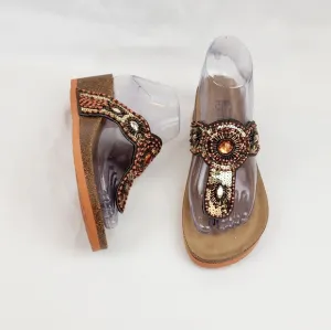 White Mountain  Blast Leather Brown Beaded Sequin Wedge Sandals
