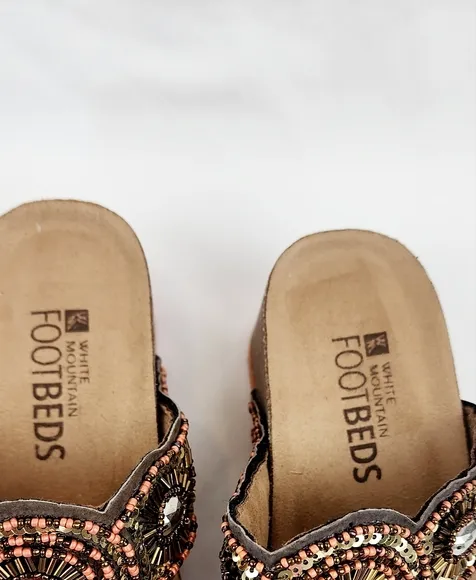 White Mountain  Blast Leather Brown Beaded Sequin Wedge Sandals