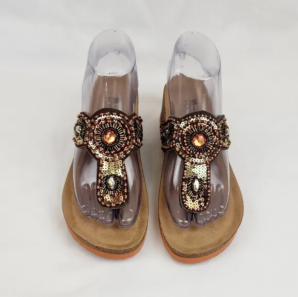White Mountain  Blast Leather Brown Beaded Sequin Wedge Sandals