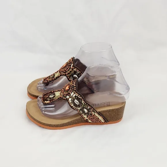 White Mountain  Blast Leather Brown Beaded Sequin Wedge Sandals