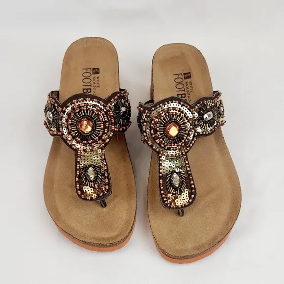 White Mountain  Blast Leather Brown Beaded Sequin Wedge Sandals